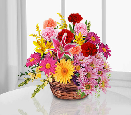 Basket Of Charms - Mixed Flowers Basket-Mixed,Pink,Red,Yellow,Gerbera,Lily,Mixed Flower,Rose,Arrangement,Basket