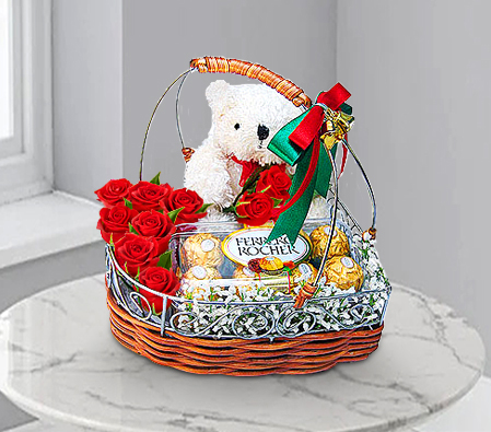 Romantic Gift - Red Roses, Teddy and Chocolates-Red,Chocolate,Rose,Teddy,Basket,Hamper