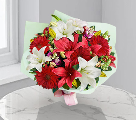 Everyday Elegance-Red,White,Daisy,Gerbera,Lily,Mixed Flower,Bouquet