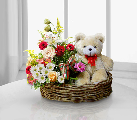 Blooms And Cuddles-Mixed,Mixed Flower,Teddy,Basket,Hamper