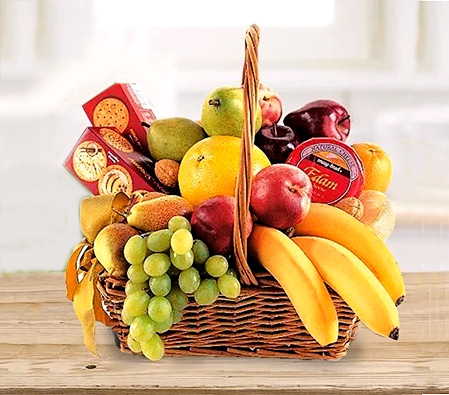 Cheese, Crackers & Fruit Basket-Chocolate,Fruit,Gourmet,Basket,Hamper