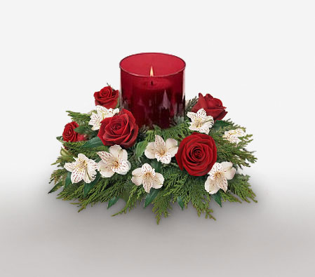 Brilliance of Noel-Green,Red,White,Rose,Candle,Centerpiece,Arrangement