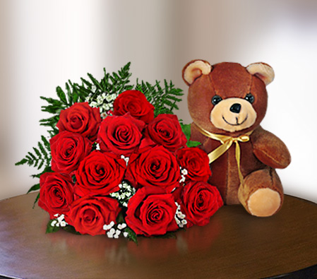 Hug Me Now-Red,Rose,Teddy,Arrangement