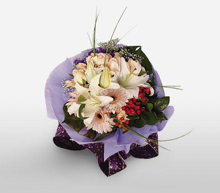 Satin Blush Bouquet-Peach,Pink,White,Lily,Gerbera,Daisy,Rose,Bouquet