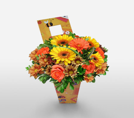 Picture Perfect-Green,Mixed,Peach,Yellow,Daisy,Gerbera,Mixed Flower,Rose,Arrangement