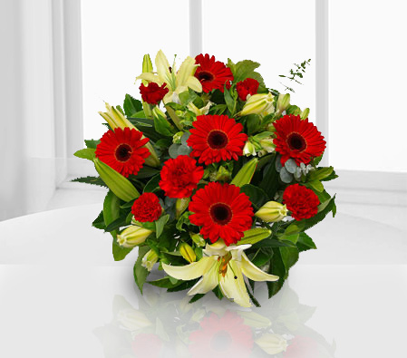 Timeless Treasures-Red,White,Carnation,Gerbera,Lily,Mixed Flower,Bouquet