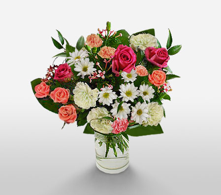 Evening Elegance-Mixed,Orange,Pink,Yellow,Mixed Flower,Chrysanthemum,Carnation,Anthuriums,Rose,Bouquet