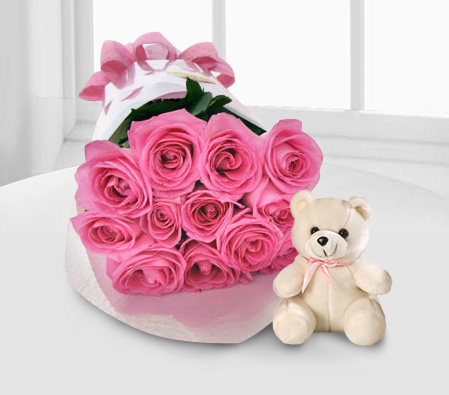 Lush Dreams - Pink Roses with Teddy-Pink,Rose,Teddy Bear,Bouquet