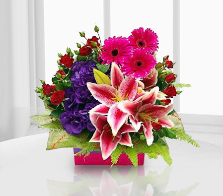 Mixed Flowers In Box-Mixed,Pink,Purple,Red,Daisy,Gerbera,Lily,Mixed Flower,Rose,Arrangement