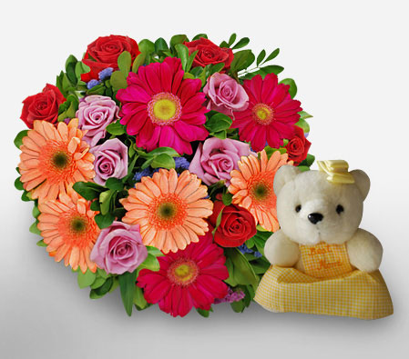 Casino Filipino-Peach,Pink,Red,Daisy,Gerbera,Rose,Teddy,Bouquet