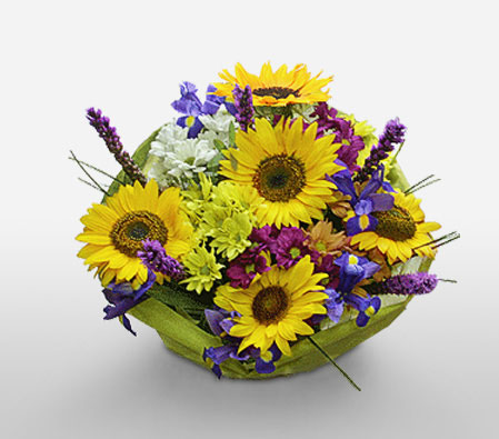 Addiction-Blue,Mixed,Purple,Violet,Yellow,Daisy,Gerbera,Iris,Mixed Flower,SunFlower,Bouquet