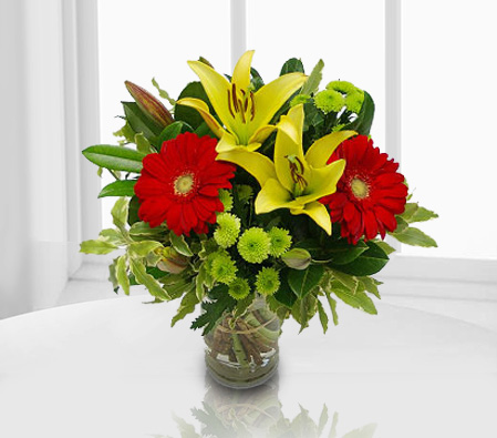 Canberra Charms - Mix Flower Bouquet-Green,Mixed,Red,Yellow,Gerbera,Lily,Mixed Flower,Bouquet