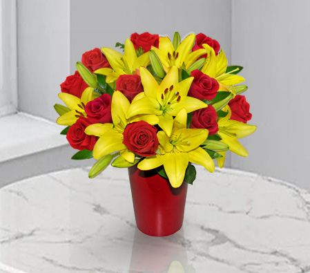 Paraty Opulence-Mixed,Red,Yellow,Rose,Mixed Flower,Lily,Arrangement