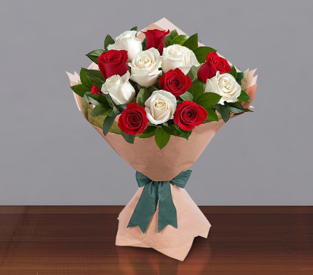 Christmas Blush Roses-Red,White,Rose,Bouquet