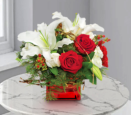 Christmas Flower Arrangement-Red,White,Lily,Rose,Arrangement