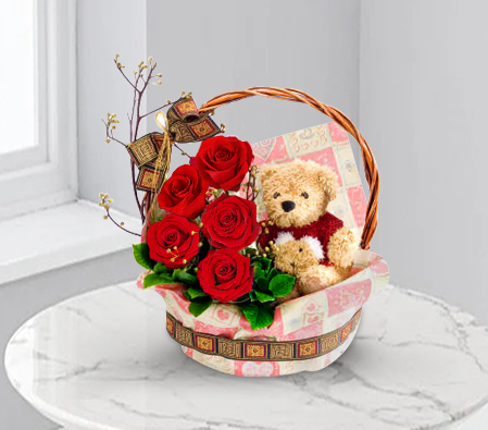 Basket Of Surprises-Red,Teddy,Rose,Chocolate,Basket