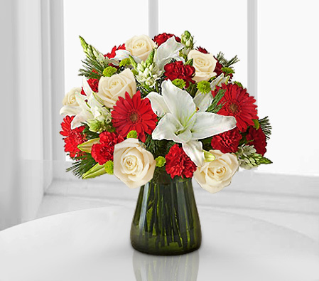 Royal Touch-Red,White,Gerbera,Lily,Mixed Flower,Rose,Arrangement