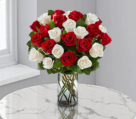 Opulent Seduction - Red & White Roses-Red,White,Rose,Arrangement