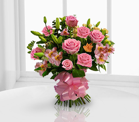 Rose And Lily Bouquet-Pink,Rose,Mixed Flower,Lily,Alstroemeria,Bouquet