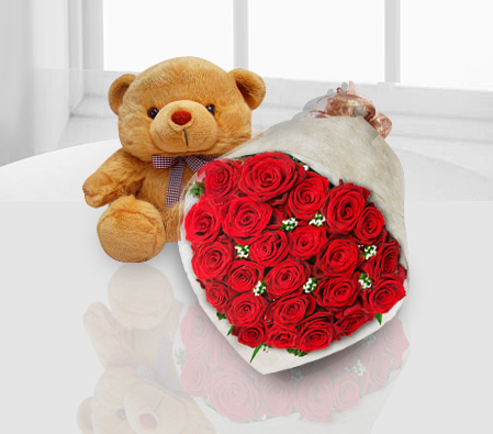 Abracos E Beijos - 2 Dozen Roses + Teddy-Red,Rose,Teddy,Bouquet