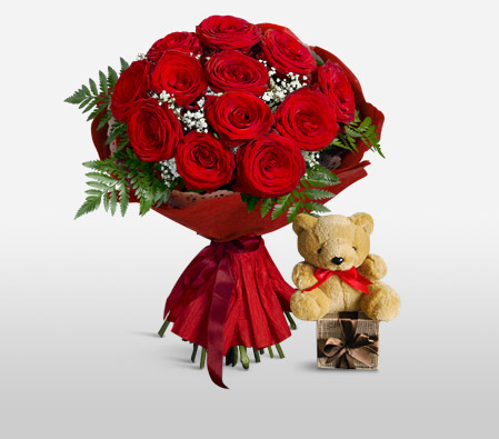 Red Hot Cuddles-Red,Chocolate,Rose,Teddy,Arrangement,Hamper