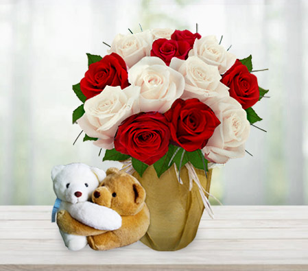 Care Bears-Red,White,Rose,Teddy,Arrangement,Hamper