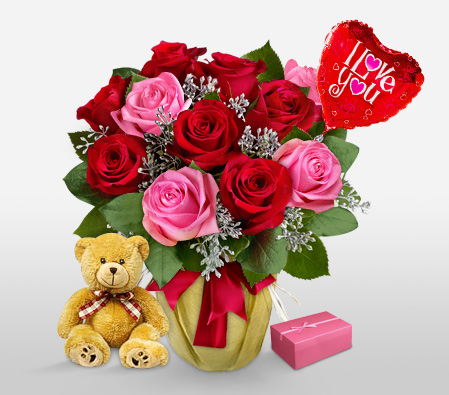 Sinful Surprise-Pink,Red,Rose,Teddy,Arrangement,Hamper