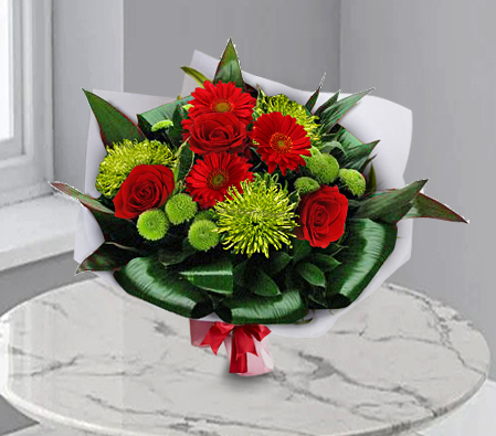 Xmas Bouquet-Green,Mixed,Red,Chrysanthemum,Mixed Flower,Rose,Bouquet