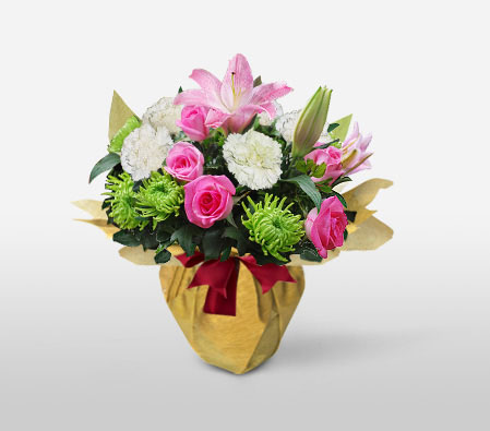 Think Pink-Green,Pink,White,Carnation,Lily,Rose,Arrangement