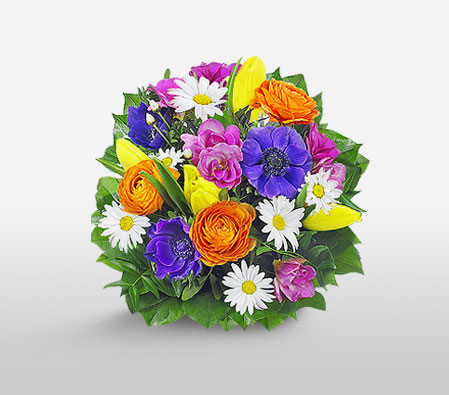 Neues Leben-Blue,Green,Mixed,Orange,Pink,White,Yellow,Daisy,Freesia,Gerbera,Mixed Flower,Rose,Tulip,Bouquet