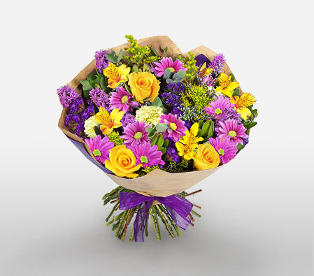 Blue Train-Blue,Green,Lavender,Mixed,Pink,Yellow,Chrysanthemum,Daisy,Gerbera,Mixed Flower,Rose,Bouquet