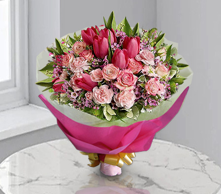 Strawberry Touch-Pink,Red,Carnation,Mixed Flower,Rose,Tulip,Bouquet