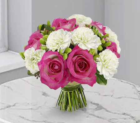 Elegant Birthday Blooms-Pink,White,Carnation,Rose,Bouquet