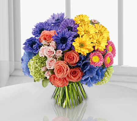 Riot Of Colors-Blue,Mixed,Orange,Purple,Yellow,Daisy,Gerbera,Hydrangea,Mixed Flower,Rose,Bouquet