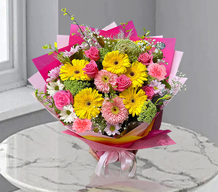 Pretty In Pink-Pink,Rose,Mixed Flower,Gerbera,Carnation,Bouquet