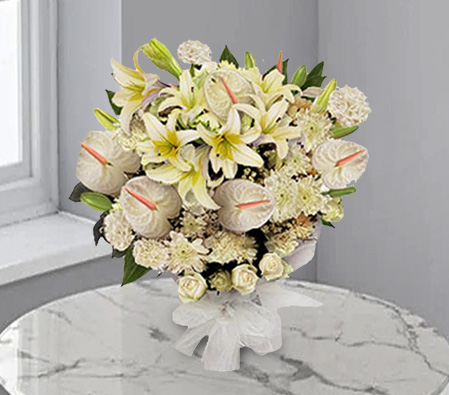 Pure Elegance-White,Anthuriums,Carnation,Chrysanthemum,Mixed Flower,Bouquet