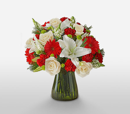 Festive Holiday Arrangement-Red,White,Gerbera,Lily,Rose,Arrangement