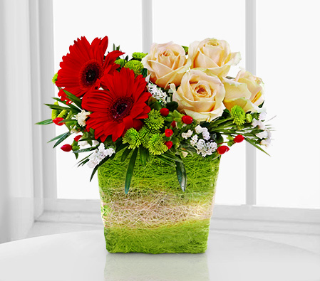 Mixed Flowers Basket-Orange,Peach,Red,Daisy,Gerbera,Rose,Arrangement,Basket