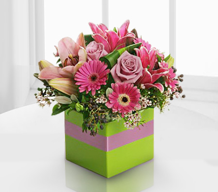 Manhattan Square-Mixed,Pink,Rose,Mixed Flower,Lily,Gerbera,Arrangement