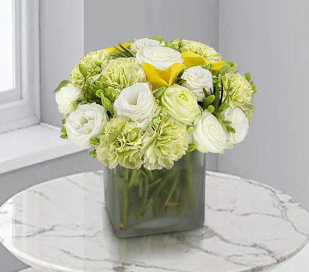 Subtly Elegant-Green,Mixed,White,Carnation,Mixed Flower,Rose,Arrangement