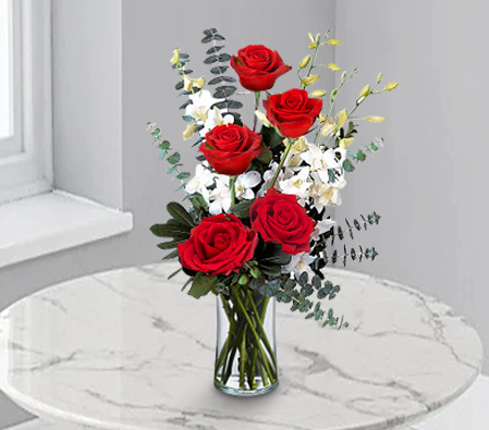 Cajolery Sedate-Red,White,Orchid,Rose,Bouquet