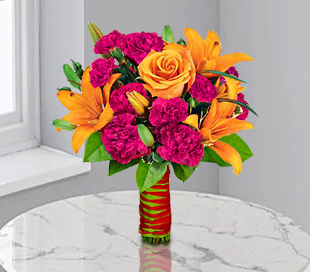 Tantalizing Furawazu-Mixed,Orange,Pink,Red,Carnation,Lily,Mixed Flower,Rose,Bouquet