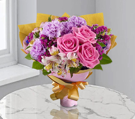 Carnegie-Mixed,Pink,Purple,White,Alstroemeria,Carnation,Mixed Flower,Rose,Bouquet