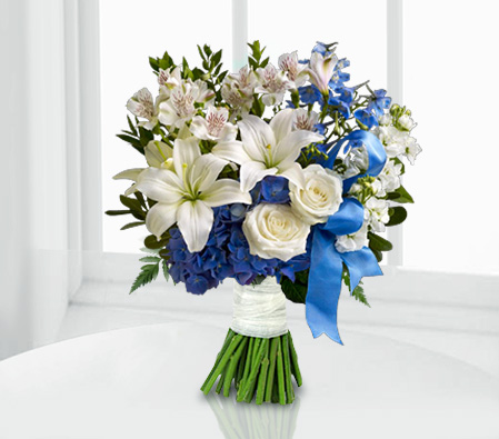 Cool Blue-Blue,White,Alstroemeria,Lily,Mixed Flower,Rose,Bouquet