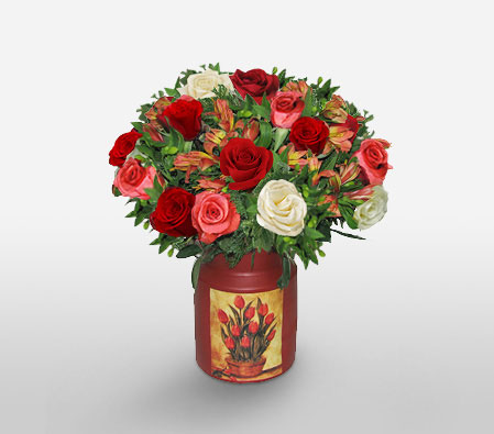 Palacio Da Alvorada-Mixed,Peach,Red,White,Alstroemeria,Rose,Arrangement