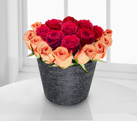 Crimson Sunset - 18 Mixed Roses in Vase-Mixed,Red,Rose,Arrangement