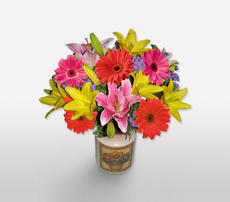 Rio Carnival-Mixed,Pink,Yellow,Gerbera,Iris,Mixed Flower,Arrangement