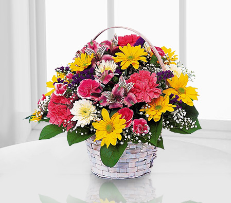 Simple Pleasures-Mixed,Orange,Pink,Yellow,Mixed Flower,Gerbera,Chrysanthemum,Carnation,Alstroemeria,Arrangement,Basket