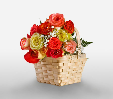 Christmas Wishes-Orange,Peach,Red,Yellow,Rose,Arrangement,Basket