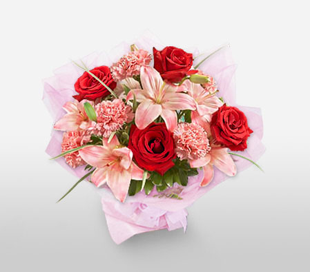 Fusion-Pink,Red,Carnation,Lily,Rose,Bouquet